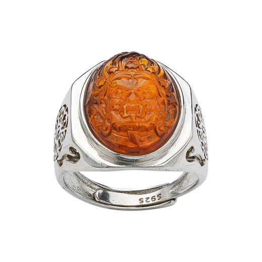Potala Palace 925 silver ring amber Mahakala ring for men and women Tibetan ethnic style adjustable birthday gift for husband 925 silver inlaid amber Mahakala ring