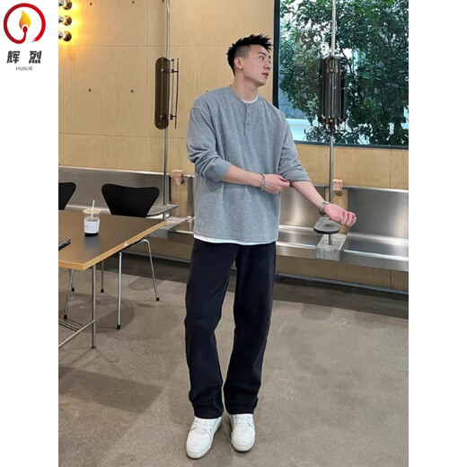 Brilliant fake two-piece light gray top Henry collar long-sleeved sweater for men autumn new inner layering top gray L