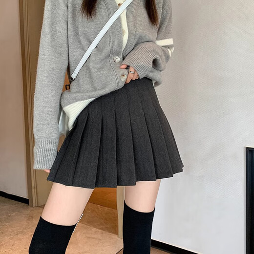 Fu Jian Autumn and Winter Woolen Thick Pleated Skirt Women's High Waist 2025 Skirt Women's Fashion Short Skirt Western Style A-Line Skirt Women Dark Gray - Regular Pants Length M