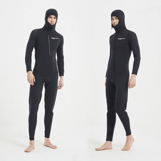 Winter swimming swimsuit cold-proof gelcoat 3MM hooded wetsuit one-piece thickened swimming long-sleeved surfing wetsuit + diving socks black hooded wetsuit S one size