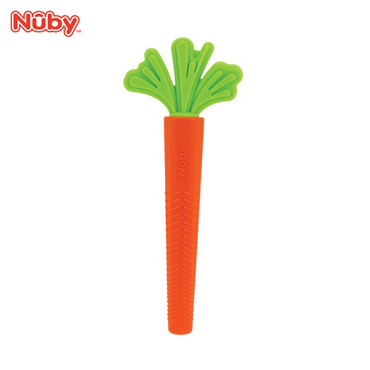 Nuby feeding supplies, baby teether, baby teeth soothing fruit teether, 3/6 months chewable and boilable, carrot shape, 1 pack