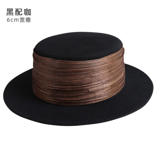 JOLISAC high-end niche Australian woolen flat hat for women pleated silk linen French retro flat brim hat short brim autumn and winter black with coffee 6CM wide brim adjustable