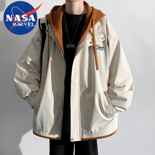 NASA MARVEL jacket men's spring and autumn jacket trend hooded fake two-piece casual fashion loose men's and women's Khaki XL