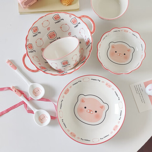 Persson (CERAMICS) Cute Cartoon Very Good-looking Rice Bowl 2025 New Tableware Set for Two Persons Cute Pig Two Bowls and Two Spoons