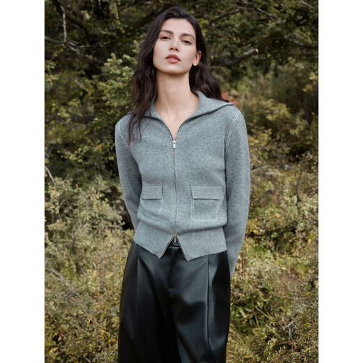 ELLE French sheep wool casual knitted cardigan for women 2025 winter new contrast color high-end soft waxy sweater medium gray M