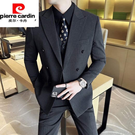Pierre Cardin Groom Wedding Double-breasted Suit Men's Suit British Style Business Casual Formal Wear Master of Ceremony Groomsman Suit Three-piece Suit Black (Double-breasted Suit) 2XL