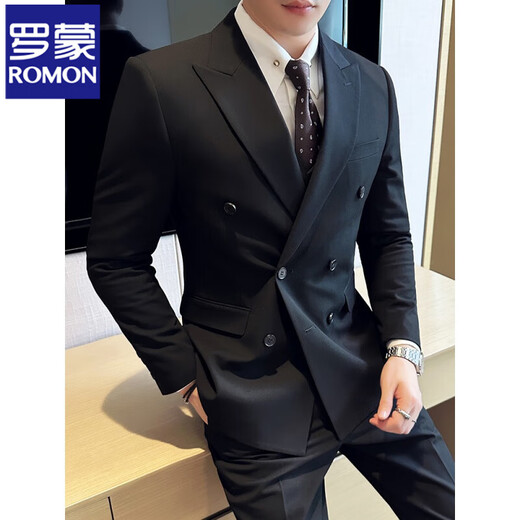 ROMON high-end customized suit men's British style double-breasted business casual suit large size three-piece formal wedding suit 338 black double-breasted single-piece suit XL (125-140Jin Jin equals 0.5 kg)