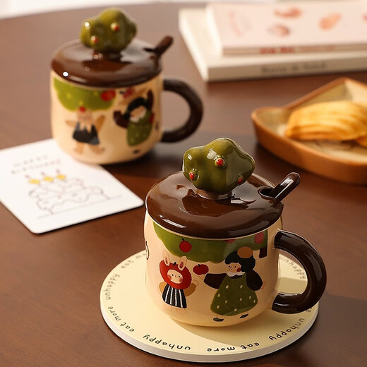 Yunshun mug with lid, spoon, water cup, ceramic cup, New Year's Day, Christmas gift, best friend's birthday gift, home coffee cup, Apple tree apple rabbit (lid + spoon) 380ml (gift box)