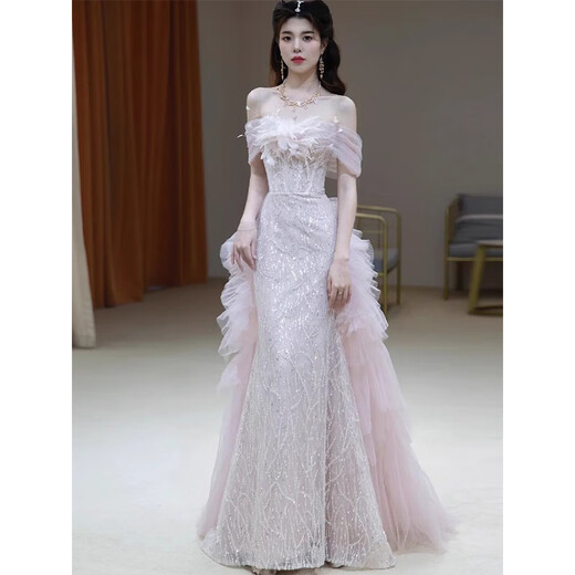 ACJK one-shoulder evening dress pink engagement wedding dress high-end light luxury niche host adult ceremony princess dress pink M
