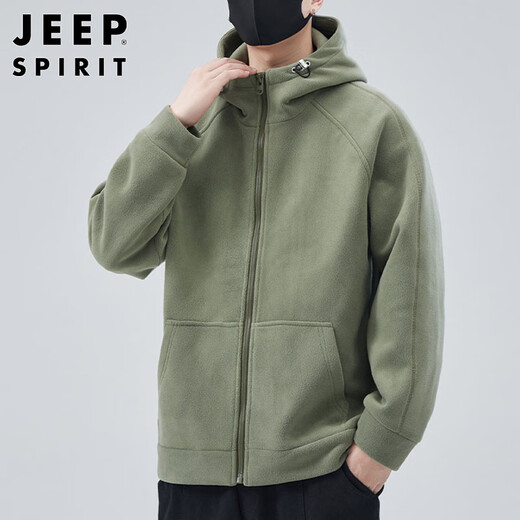 JEEP SPIRIT Jeep Polar Fleece Hooded Jacket Men's Autumn and Winter Cardigan Sweater Jacket Men's Thickened Top Bean Green XL