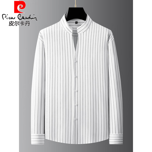Pierre Cardin 2025 Spring and Autumn New Stand Collar Vertical Striped Shirt Men's Long Sleeve Business Casual Plus Size Henry Collar Shirt Black L