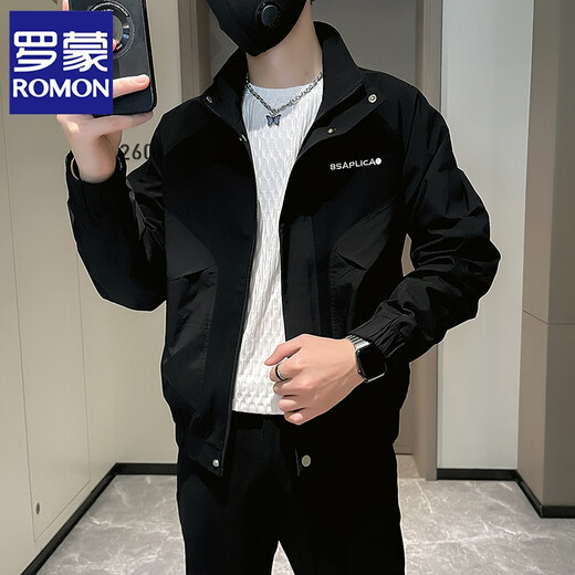 ROMON high-end workwear jacket men's autumn and winter trendy brand handsome embroidered jacket men's new velvet top men's coffee color regular L recommended 115-130Jin Jin equals 0.5 kg