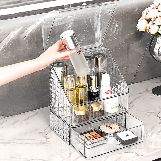 Buxinju Transparent Acrylic Cosmetics Storage Box Dust-proof Covered Desktop Dressing Table Skin Care Product Storage Rack Divider Box/Transparent Silver Can be stacked with drawers