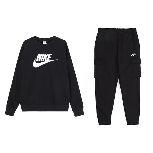 Nike (NIKE) printed solid color round neck pullover top American retro trousers casual sports suit men black suit (black) L