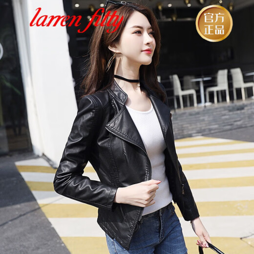 Larrenfitty Light Luxury Women's Clothing Brand Leather Jacket Women's Short 2022 Spring and Autumn New Style Waist Slim Motorcycle Small Washed Leather Jacket Black M