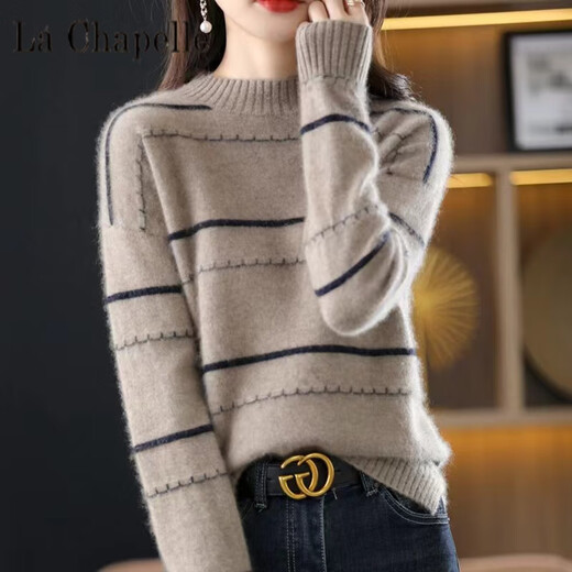 La Chapelle slim sweater women's half turtleneck striped knitted bottoming shirt autumn and winter thickened loose top spring pure 100 dynamic heating thick camel XL pure 100 dynamic heating