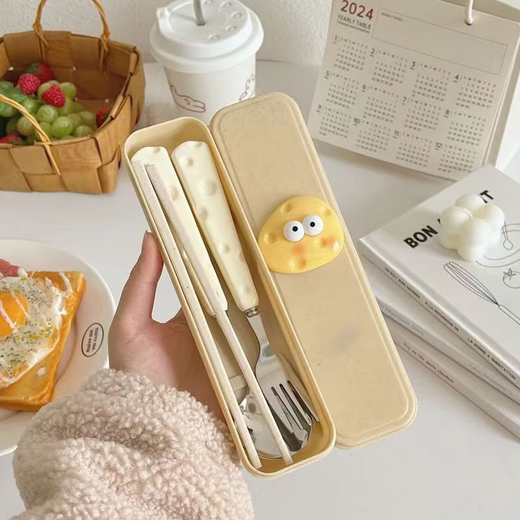 Jingdie cute ins cheese spoon fork wheat chopsticks three-piece set student children portable tableware storage box set spoon + fork + wheat stem chopsticks + storage box