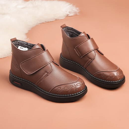 Pull-back mother's shoes plus velvet, middle-aged winter cotton shoes for the elderly, non-slip and warm, middle-aged and elderly leather shoes, women's short boots 1760 brown 37