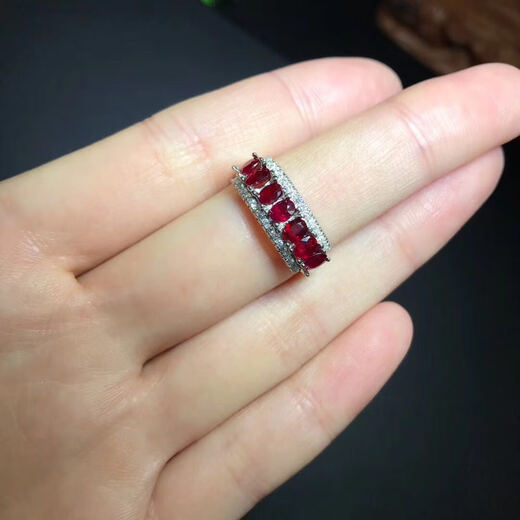 Baozha silver inlaid natural ruby ring stone size 3*4MM pigeon blood red ruby row ring live female ring