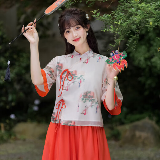 Yanni Cheongsam Hanfu Women's Adult Daily Performance Thin 2025 New Chinese Style Literary Chiffon Print Two-piece Set 9764 Lady Pictures 3XL (Suggested weight 130-140Jin [Jin equals 0.5 kg])