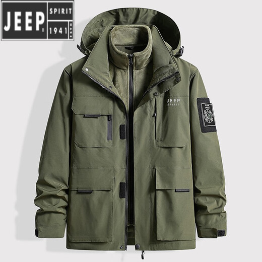 JEEP SPIRIT Jeep Jacket Men's Winter Three-in-One Detachable Charge Windbreaker Plus Velvet Thickened Warm Loose Casual Jacket Army Green 3XL Recommended 150-165Jin Jin equals about 0.5 kg