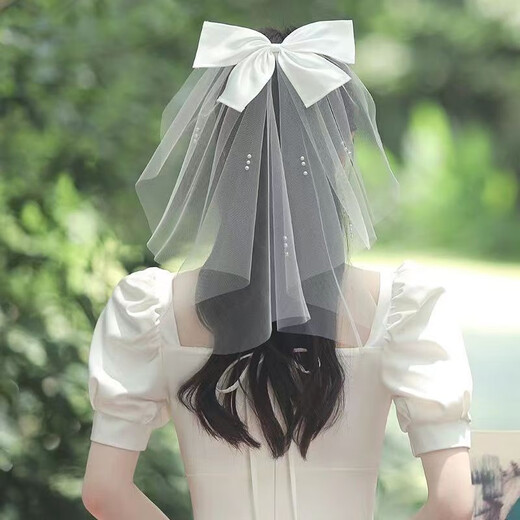 Dingjing Certificate Proposal Veil Bride Wedding Dress Wedding Internet Celebrity Style Super Fairy Beaded Bow Knot Fantasy Travel Photo Photo Props Children's Veil Fashion Headwear Bow Single Layer Beaded Veil F560 Hairpin Style