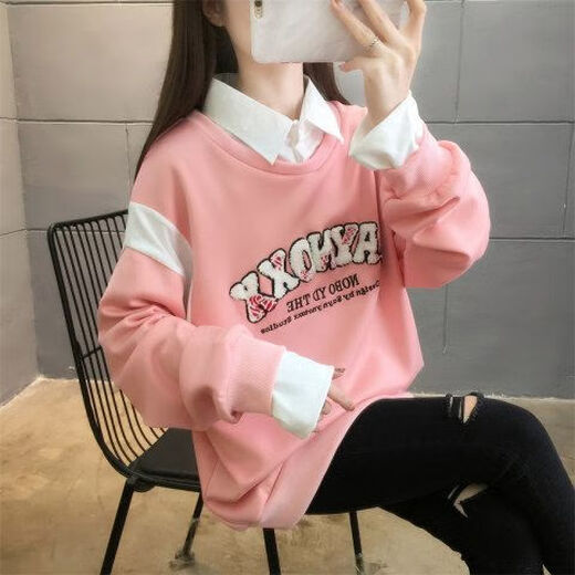 泰载潮流卫衣女小个子女生学加绒秋冬宽松众外套保暖百搭假两件套上 6169#蓝色【加绒加厚】 M码【建议80-100斤】