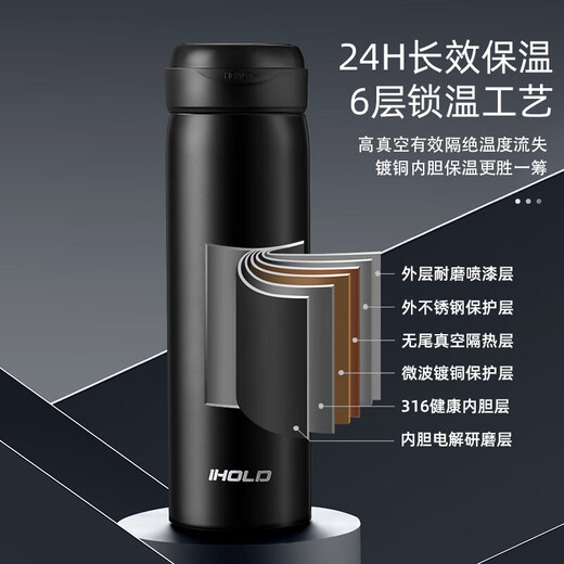 ihold智能保温杯不锈钢男女学生泡茶杯水杯子伴手礼品团购刻字定制logo 【升级316内胆】普通杯盖-黑色500ml