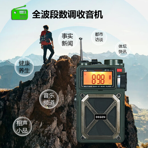 Dejin R12 digital display multi-functional wireless Bluetooth emergency hand-cranked power generation solar charging radio outdoor camping portable card mini audio R12 standard