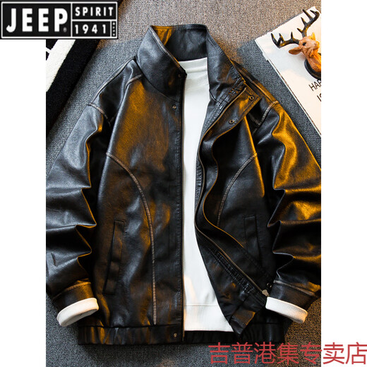 JEEP SPIRIT light luxury American retro aged oil wax motorcycle leather jacket men's autumn Ami khaki tough guy leather hunting jacket black 2XL (171-190Jin Jin equals 0.5 kg)