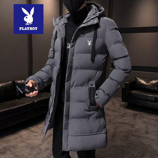 Playboy Down Jacket Winter Men's Mid-Length Coat Coldproof Warm Cotton Jacket Thickened Youth Hooded Cotton Jacket Men's Fashion Black 929-Upgraded Thickening 3XL Recommended 145-160Jin Jin equals 0.5 kg