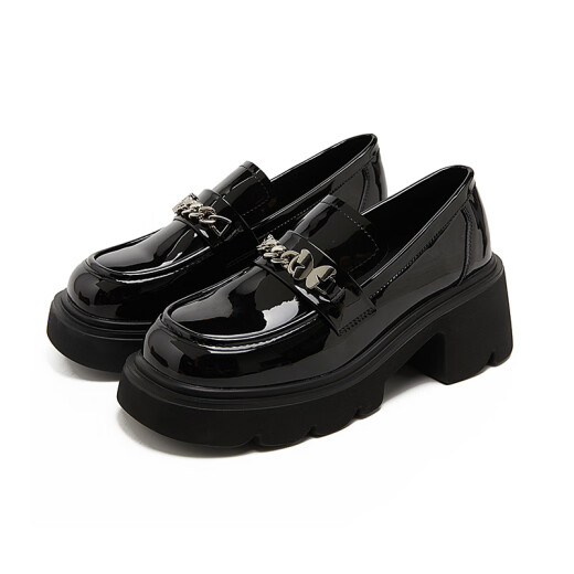 Xiyu Thick Soled Loafers Women's 2024 New Spring Metal Butterfly Patent Leather Shoes Black Platform Sole Small Leather Shoes Black 36