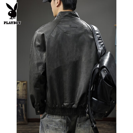Playboy autumn and winter 2025 new handsome PU leather jacket men's autumn stand-up collar loose American top pilot leather jacket black gray plus velvet L suitable weight 130-145Jin Jin equals 0.5 kg