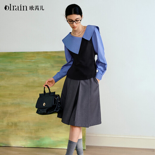 Olrain Women's Autumn Commuting Fake Two-Piece Design Plaid Shirt Contrast Color Splicing Shirt Blue S