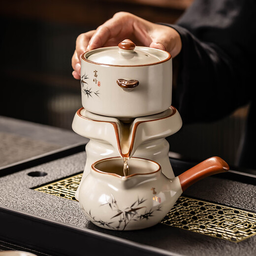 Porcelain brand tea set (cipaiming teaset) Ru Kiln Kung Fu tea set household ceramic teapot teacup lazy graphite high-end automatic tea set complete set Ru Kiln rich bamboo automatic tea set six cups