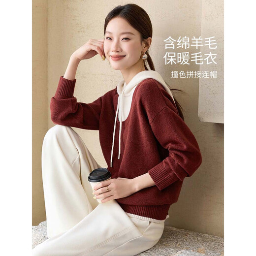 Mohan Yimei wool festival shirt warm sweater 2025 winter contrast stitching fake two-piece hooded top