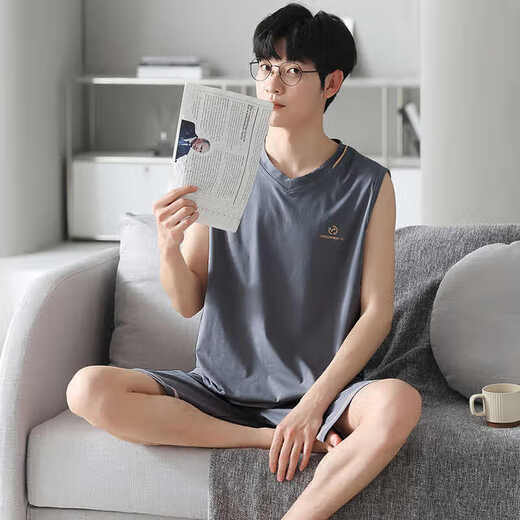 浪莎莫代尔睡衣男背心秋季薄款青年大码休闲家居服可外穿2件短裤套装 12023 L 建议95-120斤