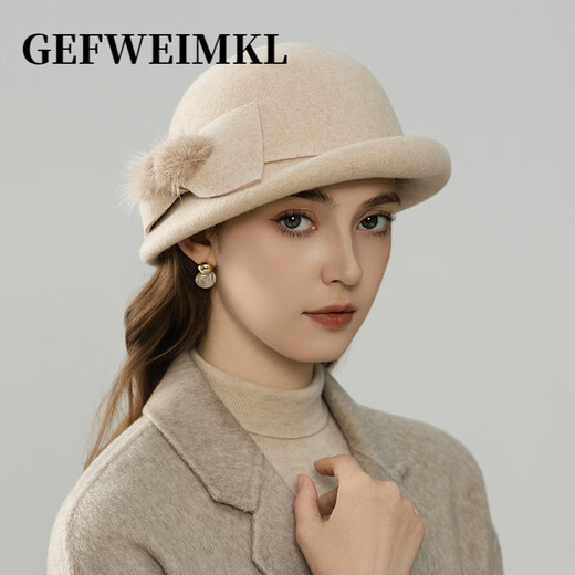 GEFWEIMKL Merino Wool Bucket Hat Women's Autumn and Winter New French Furry Bow Fashion Elegant Top Hat Women Black Adjustable (56-58cm)