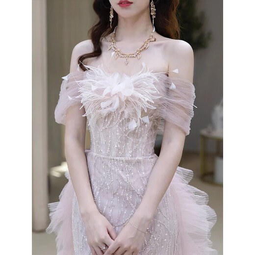 ACJK one-shoulder evening dress pink engagement wedding dress high-end light luxury niche host adult ceremony princess dress pink M