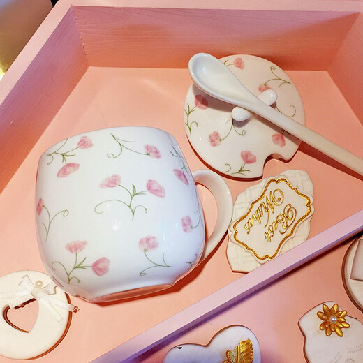 Houhai Cup Ceramic Cup Women's Mug with Lid and Spoon Household Drinking Cup Bone China Breakfast Cup Coffee Cup Girly Heart Fat Cup - Small Floral 400ML Microwaveable