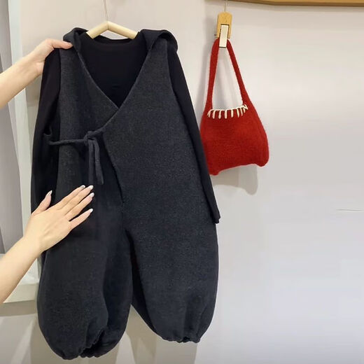 Children's Korean style hooded woolen overalls for boys and girls 2024 autumn and winter fashionable woolen overalls and stylish pants overalls + bottoming shirt (suit) 90 cm recommended height 86-95cm