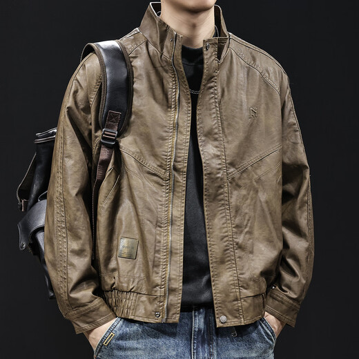 Luo Meng high-end motorcycle leather jacket men's spring and autumn 2025 new men's short comfortable large size American retro trendy brand 034 black gray L