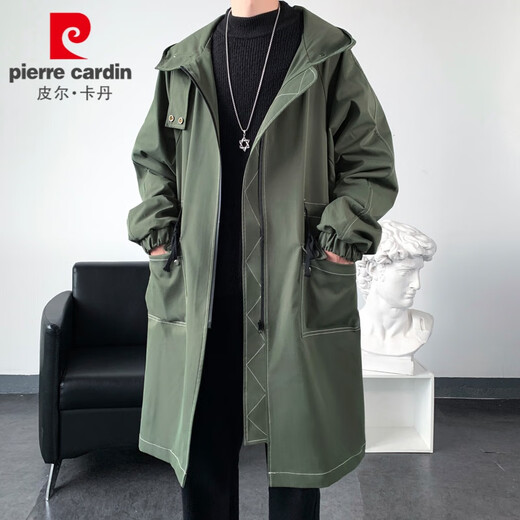 Pierre Cardin (pierre cardin) windbreaker jacket men's high-end spring and autumn mid-length British coat trendy brand hooded Korean style casual jacket black plus velvet L 120 to 150 Jin Jin equals 0.5 kg can be worn