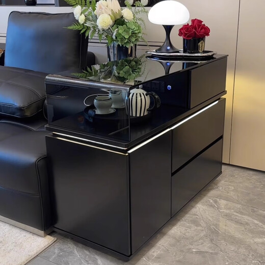 KSALOY2025 new Italian style sofa side cabinet, creative light luxury and high-end side table, movable glass corner table with light, new model_mobile side cabinet, tempered glass + ambient light power socket, right drawer, new model_mobile side cabinet