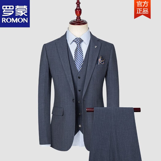 ROMON suit men's three-piece striped groomsmen groomsmen wedding dress Korean version slim business suit TZ2031 gray-three-piece suit vest pants L 175 (120-135) Jin Jin is equal to 0.5 kg