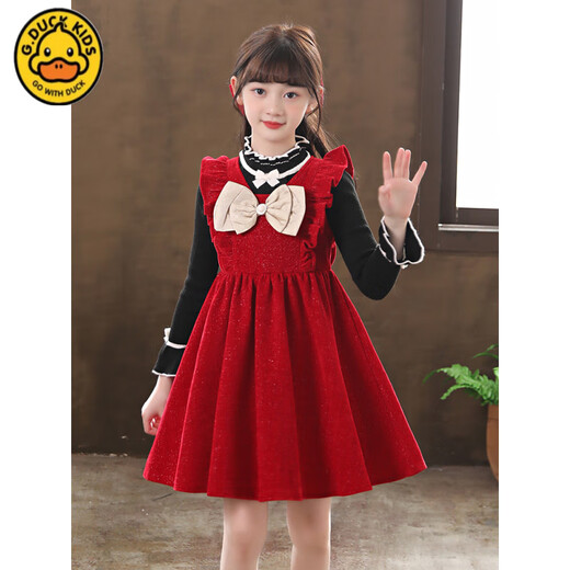 G.duck Girls Dress 2026 Autumn and Winter New Medium and Large Children's Sweater Thickened Two-piece Skirt Western Style Princess Dress Velvet Tank Top + Sweater Two-piece Set Including Hairpins 110 cm Suitable for 100-110cm Age 4-5 Years Old Recommended