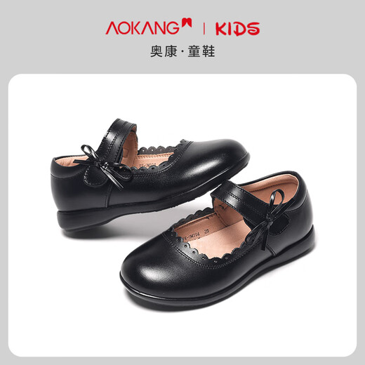 Aokang children's shoes girls small black leather shoes spring and autumn new genuine leather soft sole British style children's princess black performance shoes