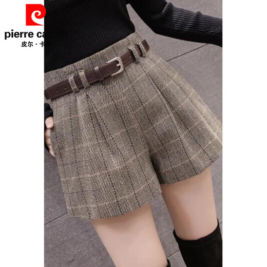 Pierre Cardin (Pierre Cardin) new autumn and winter high-waisted shorts women's woolen fashion belt versatile outer wear slim boots pants fashion plaid khaki 2XL 125Jin Jin equals 0.5 kg -135Jin Jin equals 0.5 kg