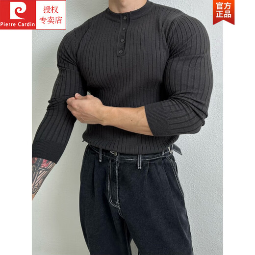 Pierre Cardin Henry collar long-sleeved sweater men's spring new American high-end muscular men's fitness all-match slim T-shirt Brown M 100Jin Jin is equal to 0.5 kg within