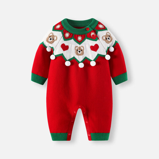 BORBOON B baby plus velvet knitted sweater baby boy jumpsuit autumn and winter small month old New Year's greetings clothes romper winter clothes for women red 7633 80cm